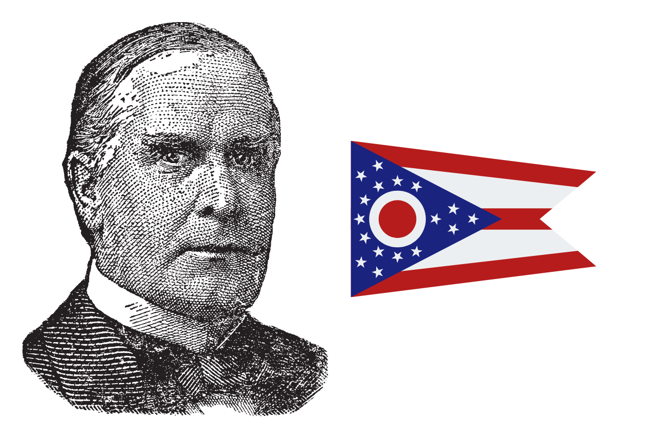 Black-and-white engraving of President William McKinley in a suit next to the Ohio state flag, featuring a red, white, and blue design with a circle and stars.