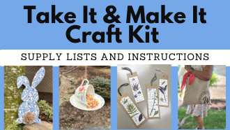 take it and make it craft kits, bunny with blue pattern, cup and saucer bird feeder, bookmarks made with pressed flowers and a summer bag with an initial on it.