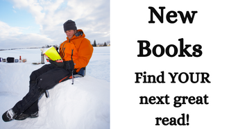 Find your next great read!  Man reading sitting on snowbank.