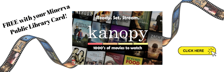 Kanopy logo with a film strip of movie images rolling across the screen