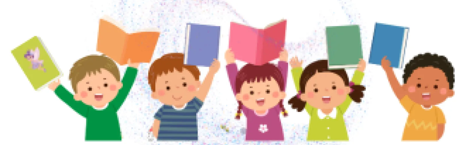 Story Time and Book Beginnings Event Illustration - Cartoon children holding books and smiling under the text 'Story time and book beginnings' in colorful, playful font. Ideal for promoting children's reading events or literacy programs.