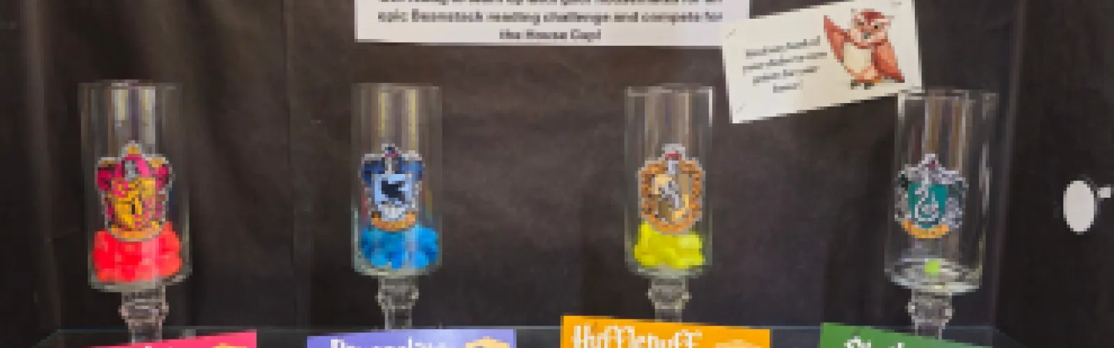 Hogwarts House Cup Reading Challenge display featuring house containers for Slytherin, Gryffindor, Hufflepuff, and Ravenclaw. Encourage children to participate in a reading challenge representing their favorite Hogwarts house. Illustrated owl and detailed instructions included in the background.